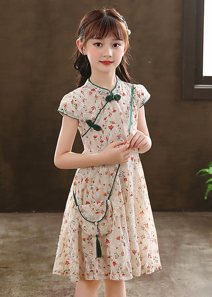 2025 New Green Stand Collar Print Girls Maxi Dresses Short Sleeve