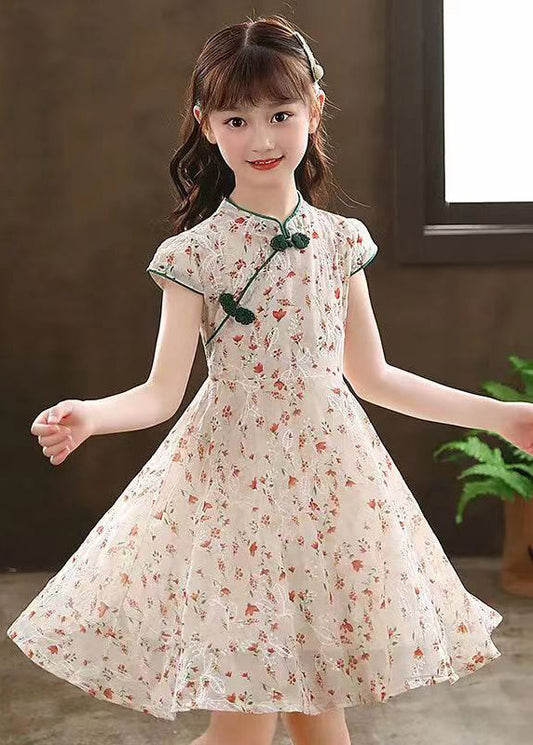 2025 New Green Stand Collar Print Girls Maxi Dresses Short Sleeve