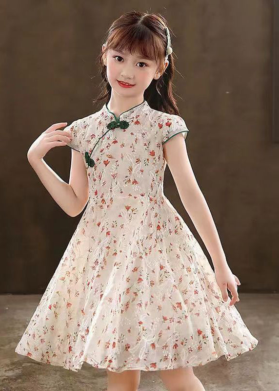 2025 New Green Stand Collar Print Girls Maxi Dresses Short Sleeve