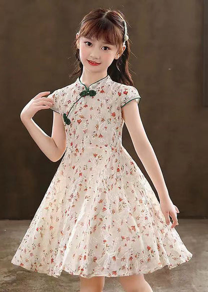 2025 New Green Stand Collar Print Girls Maxi Dresses Short Sleeve