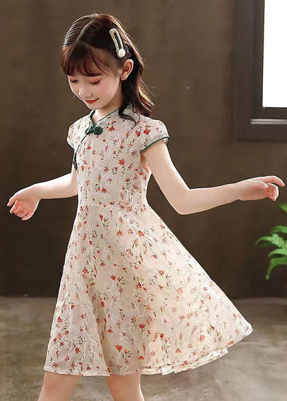 2025 New Green Stand Collar Print Girls Maxi Dresses Short Sleeve