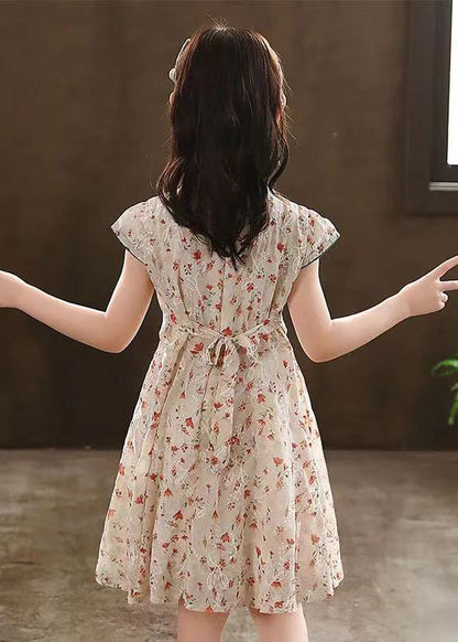 2025 New Green Stand Collar Print Girls Maxi Dresses Short Sleeve