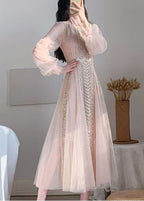 2024 New Pink Mesh Tulle Nail Bead Bubble Sleeve Dress