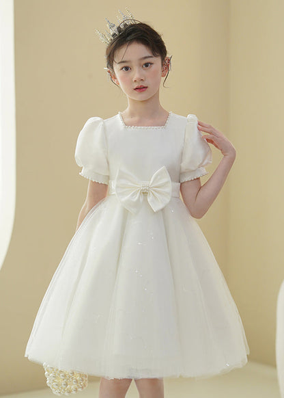 2025 New White Nail Bead Bow Tulle Girls Mid Dress Puff Sleeve