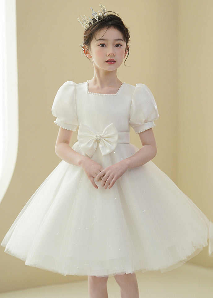 2025 New White Nail Bead Bow Tulle Girls Mid Dress Puff Sleeve