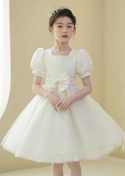 2025 New White Nail Bead Bow Tulle Girls Mid Dress Puff Sleeve