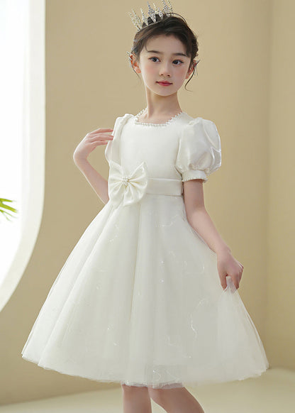 2025 New White Nail Bead Bow Tulle Girls Mid Dress Puff Sleeve