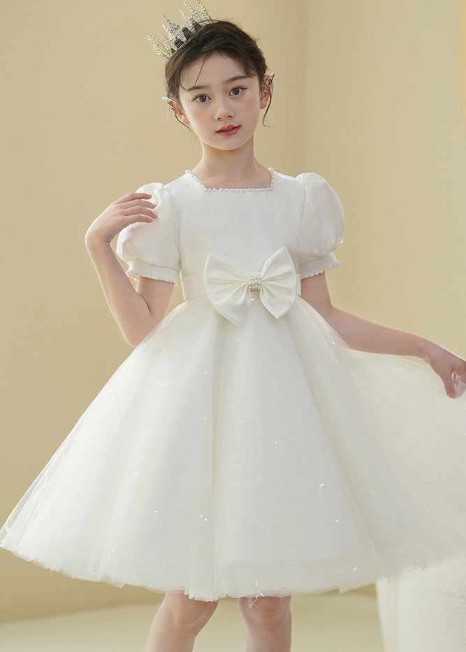 2025 New White Nail Bead Bow Tulle Girls Mid Dress Puff Sleeve