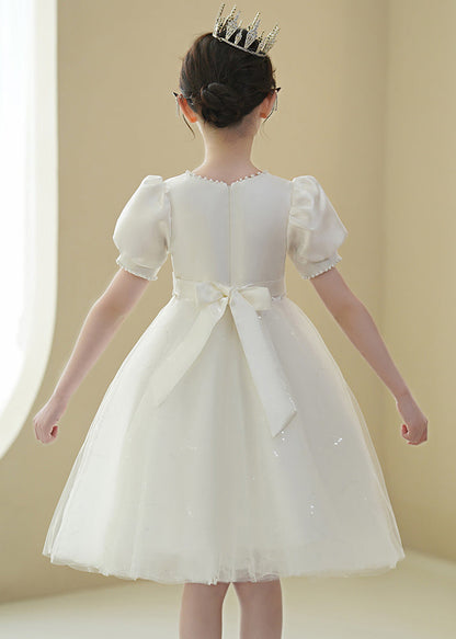 2025 New White Nail Bead Bow Tulle Girls Mid Dress Puff Sleeve