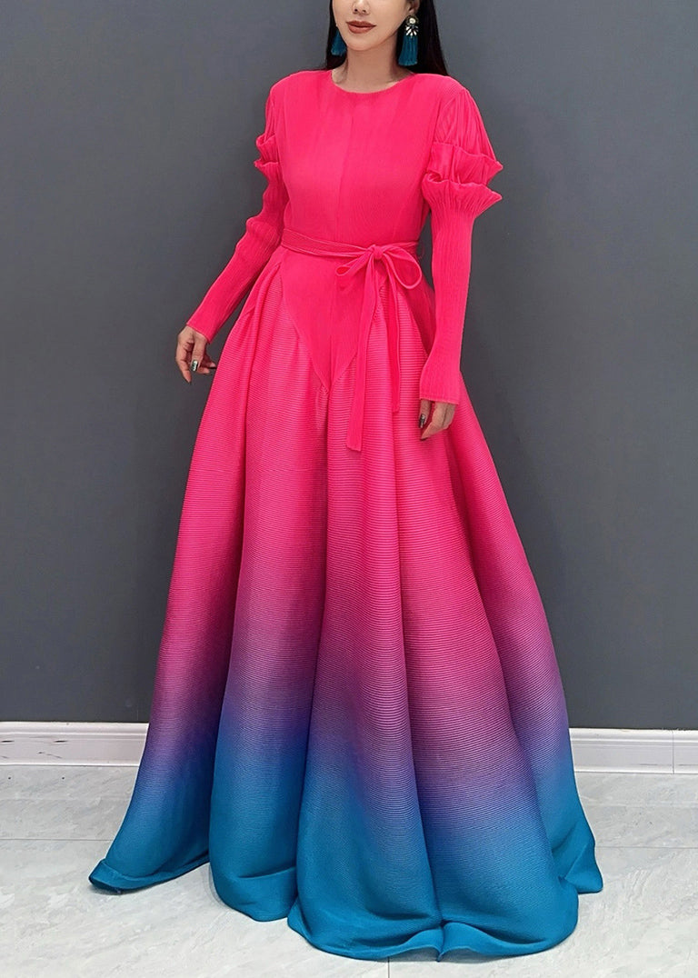 2025 Red O-Neck Gradient Color Maxi Dresses Long Sleeve