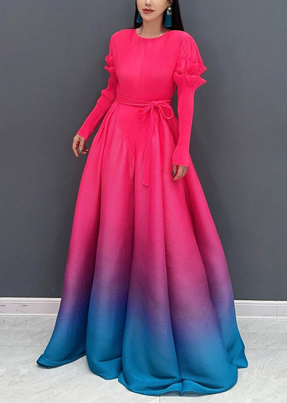 2025 Red O-Neck Gradient Color Maxi Dresses Long Sleeve