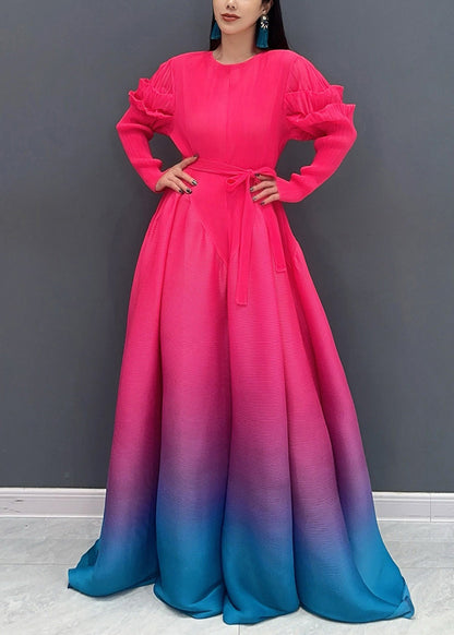 2025 Red O-Neck Gradient Color Maxi Dresses Long Sleeve