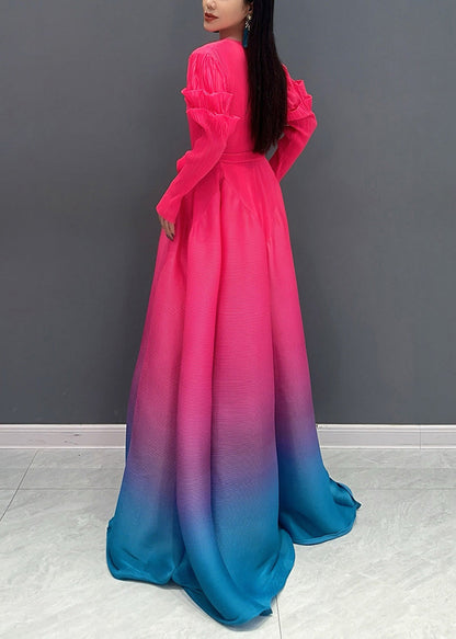 2025 Red O-Neck Gradient Color Maxi Dresses Long Sleeve