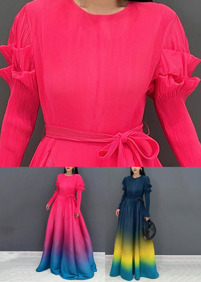 2025 Red O-Neck Gradient Color Maxi Dresses Long Sleeve