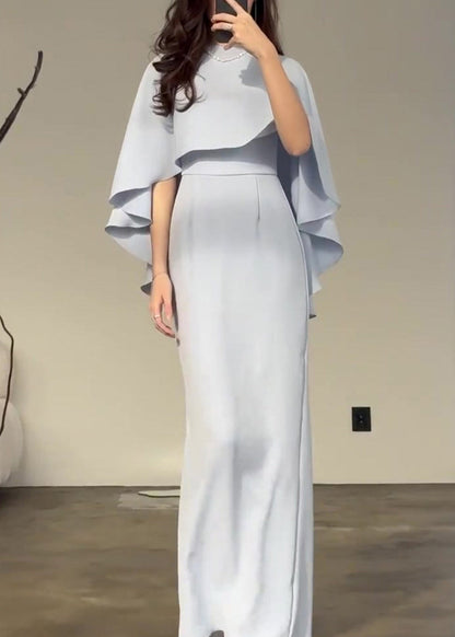 2025 Slim Fit Light Blue Silk Shawl Waist Cinched Dress