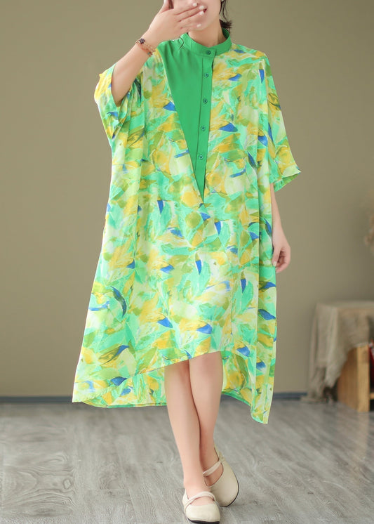 2025 Summer New Green Spliced Tie Dyed Shirt Dress