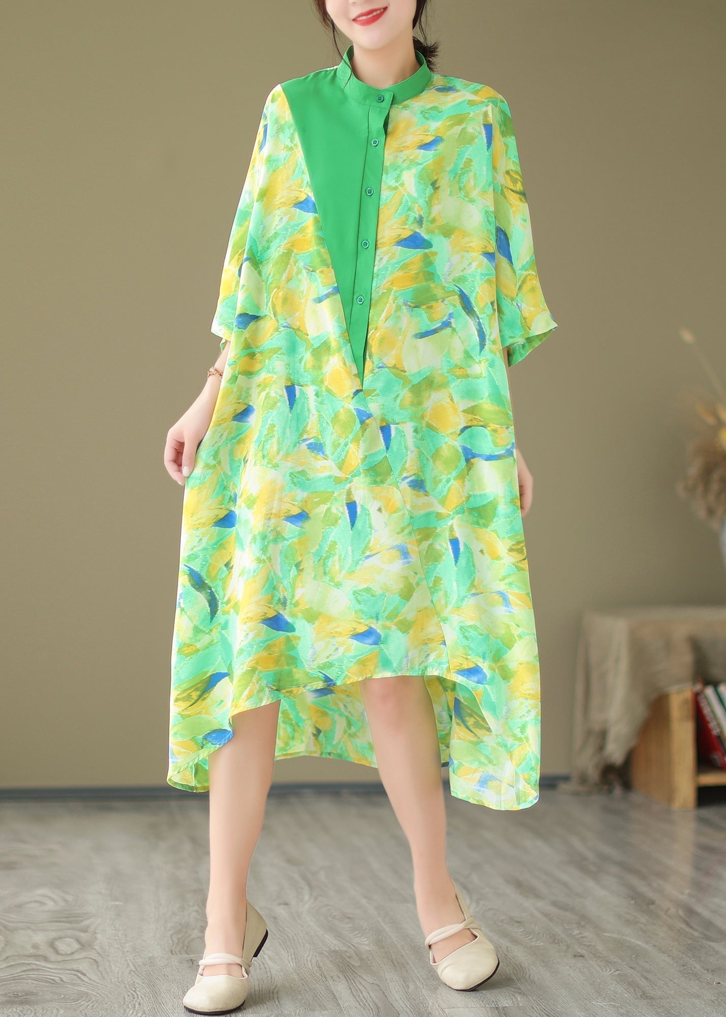 2025 Summer New Green Spliced Tie Dyed Shirt Dress