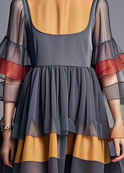 Stylish Grey O Neck Ruffled Patchwork Chiffon Dresses Summer