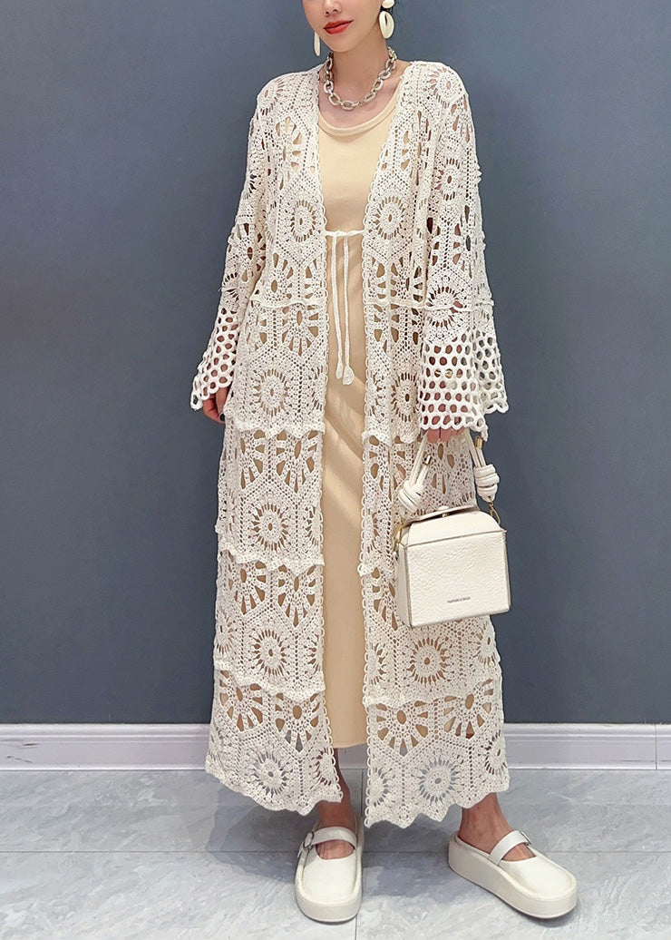 2025 Apricot V Neck Hollow Out Long Lace Cardigan Fall