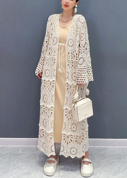 2025 Apricot V Neck Hollow Out Long Lace Cardigan Fall