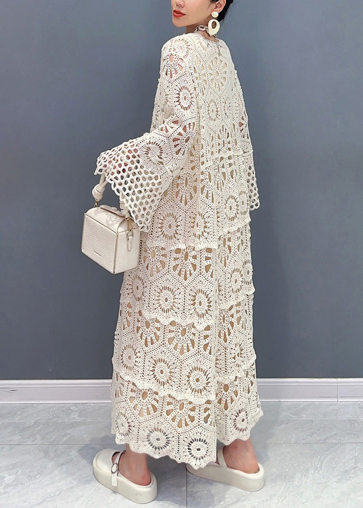 2025 Apricot V Neck Hollow Out Long Lace Cardigan Fall