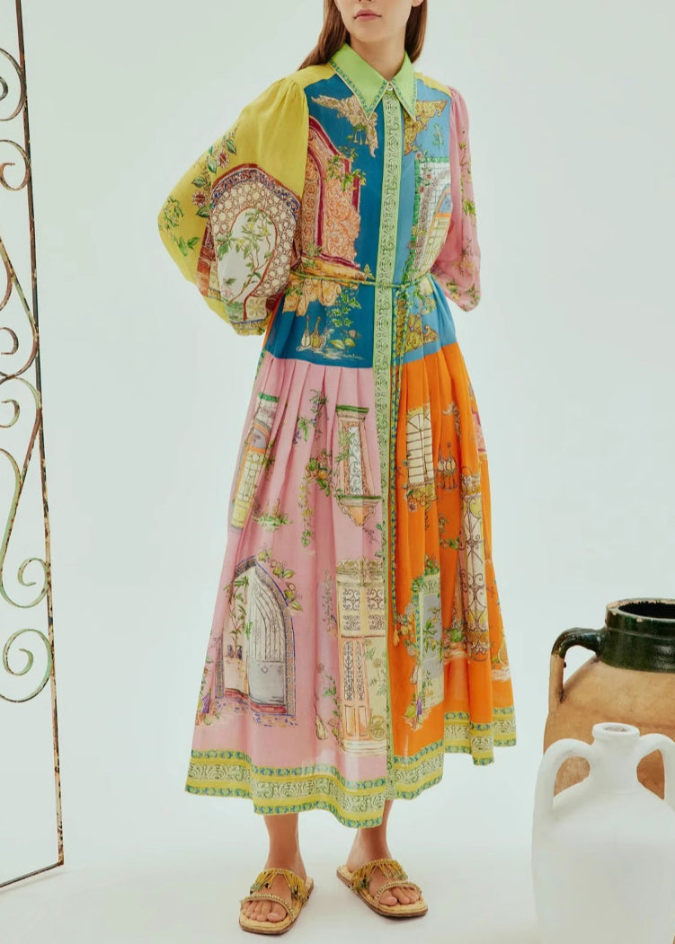 2025 Lantern Sleeve Graffiti Printed Wrinkled Lace Up Dress