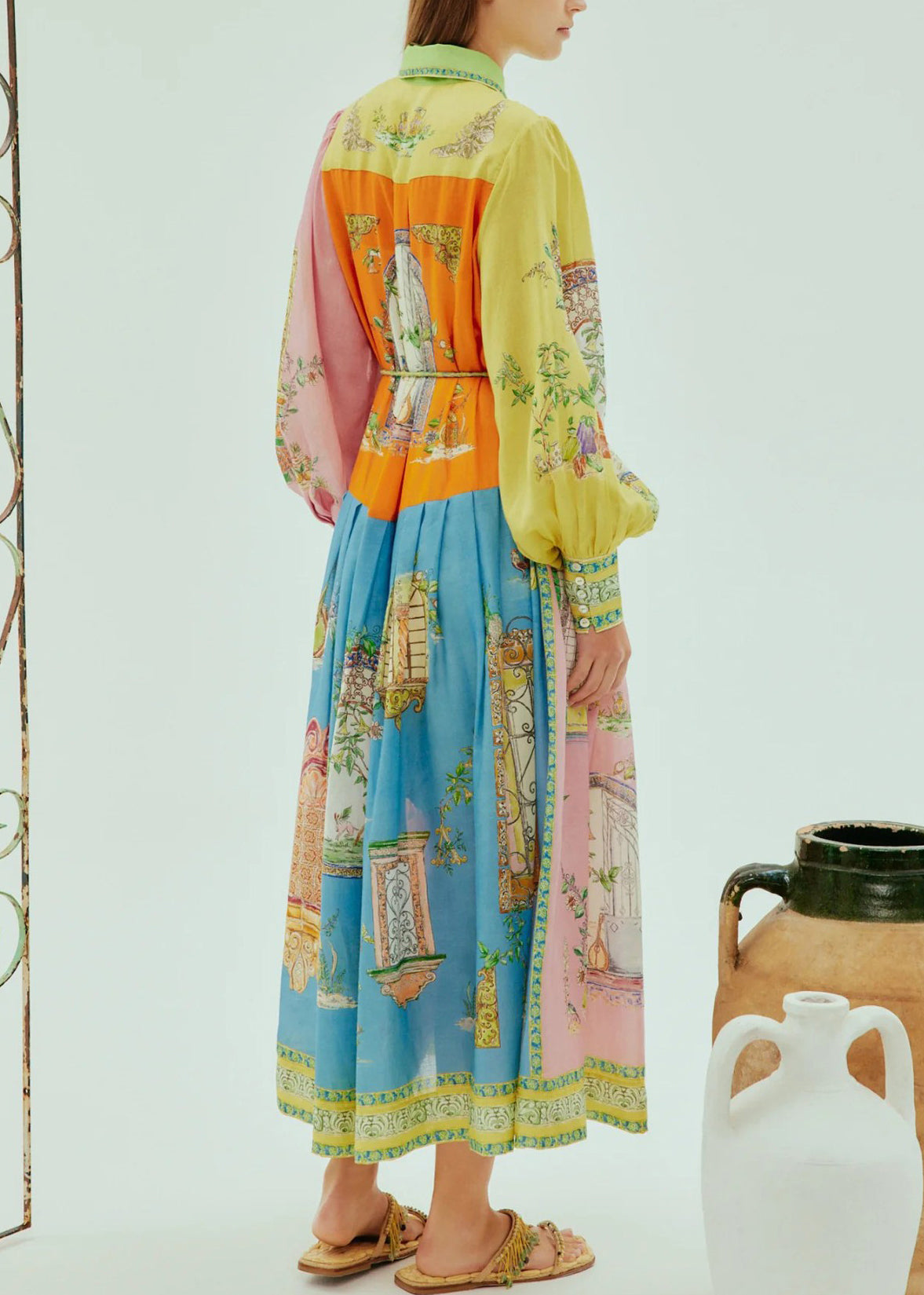 2025 Lantern Sleeve Graffiti Printed Wrinkled Lace Up Dress