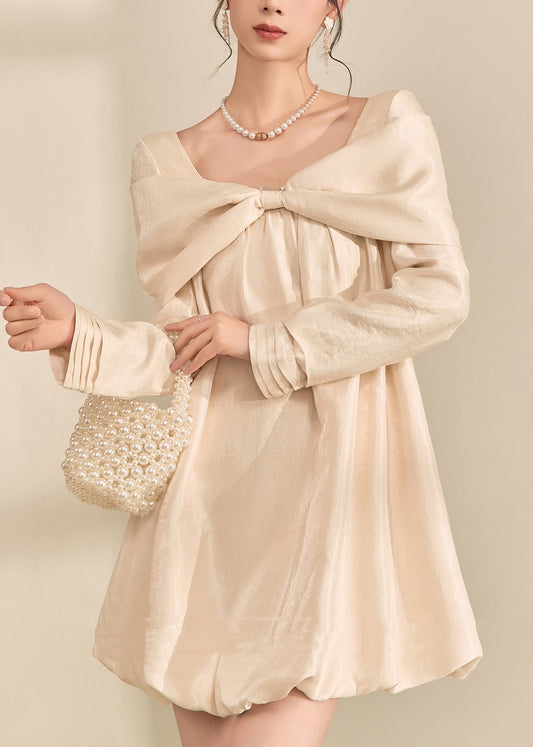 2025 New Apricot Bow Mid Dress Fall