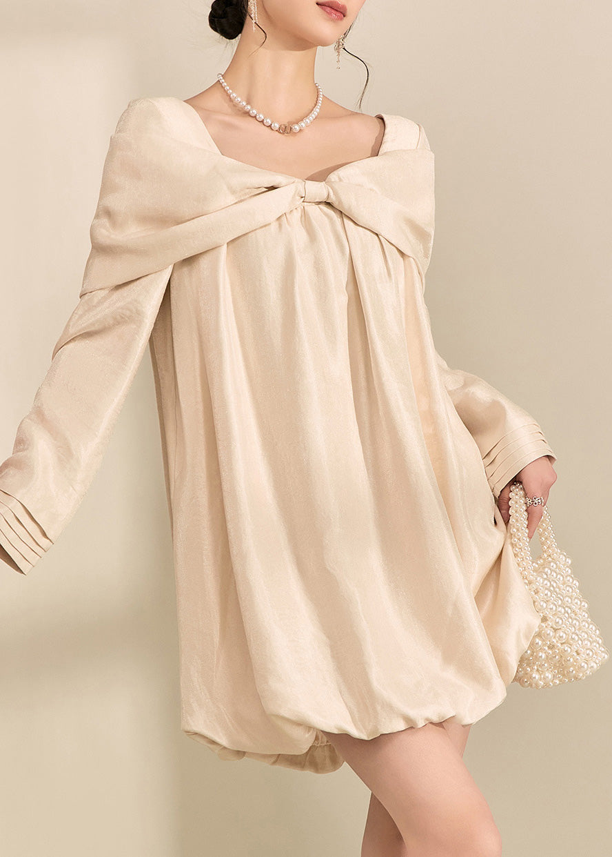 2025 New Apricot Bow Mid Dress Fall