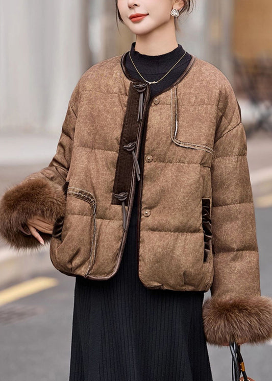 2025 New Coffee Fur Patchwork Duck Down Short Coat Winter