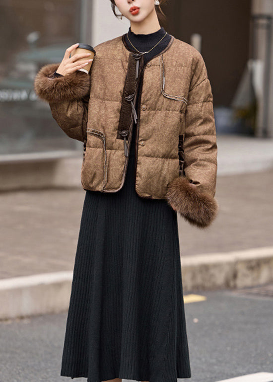 2025 New Coffee Fur Patchwork Duck Down Short Coat Winter