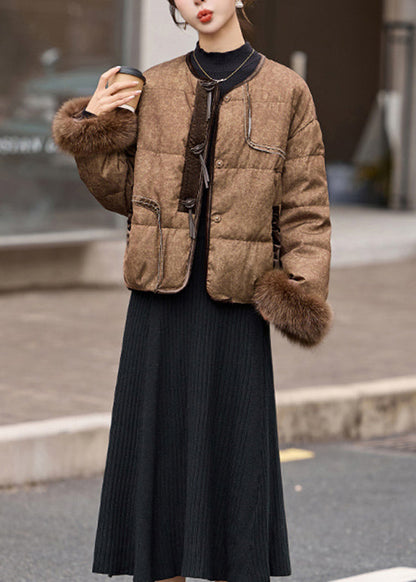 2025 New Coffee Fur Patchwork Duck Down Short Coat Winter