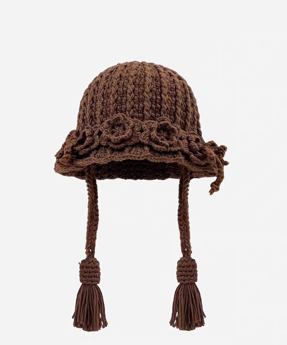 2025 New Coffee Handmade Tassel Flower Knitted Boonie Hat