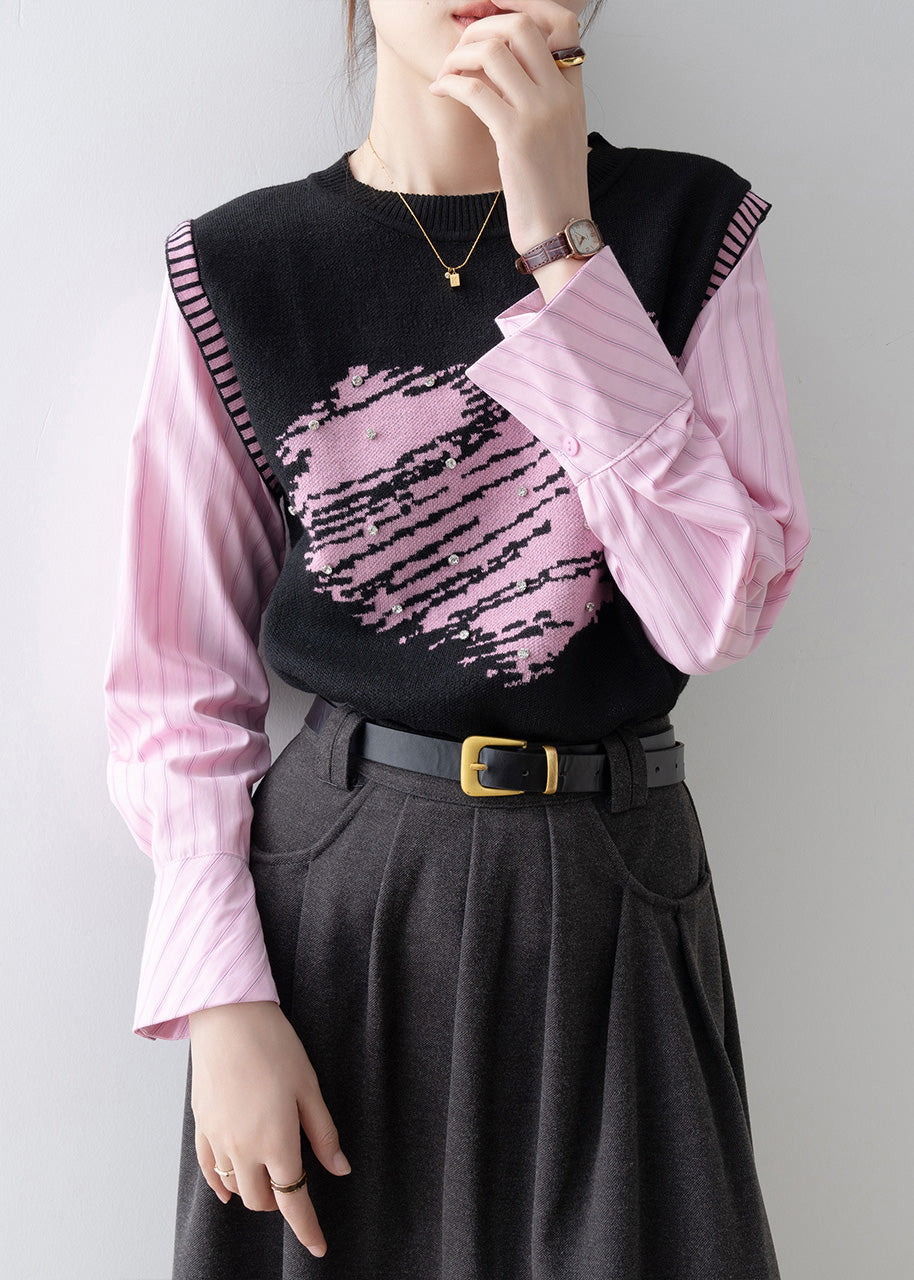2025 New Fake Two Pieces Set Knit Patchwork Pink Shirts Spring