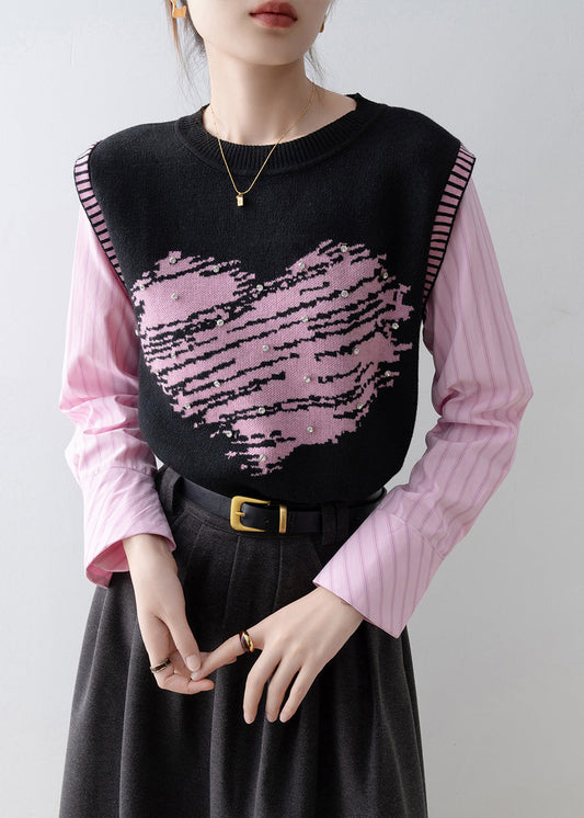 2025 New Fake Two Pieces Set Knit Patchwork Pink Shirts Spring