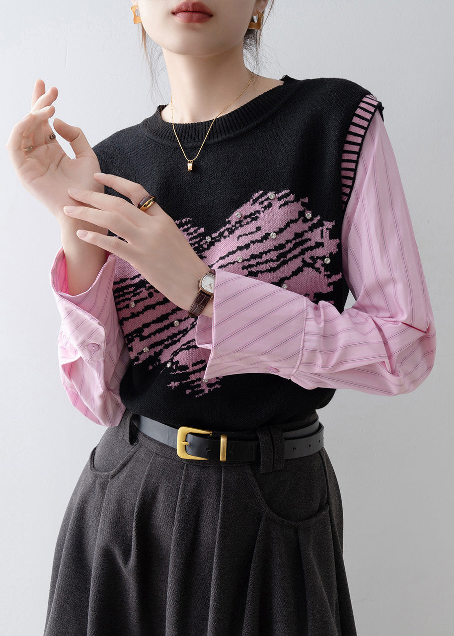 2025 New Fake Two Pieces Set Knit Patchwork Pink Shirts Spring