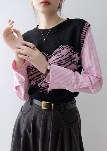2025 New Fake Two Pieces Set Knit Patchwork Pink Shirts Spring