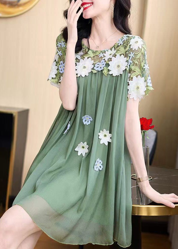 2025 New Flower Decorated Lace Splicing Chiffon Dress Summer