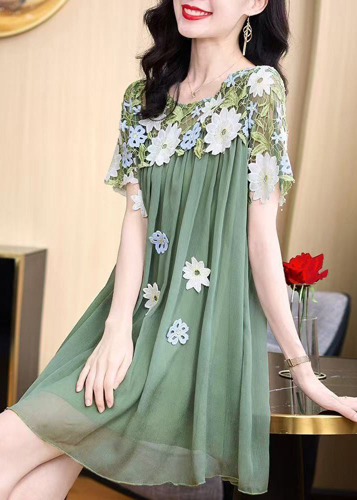 2025 New Flower Decorated Lace Splicing Chiffon Dress Summer