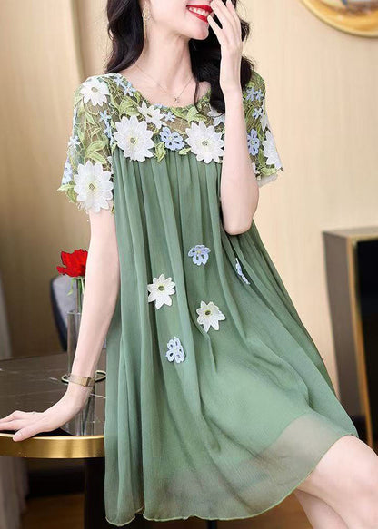 2025 New Flower Decorated Lace Splicing Chiffon Dress Summer