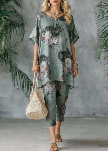 2025 New Loose Green Print Short Sleeve Shirt Casual Pants Linen Set