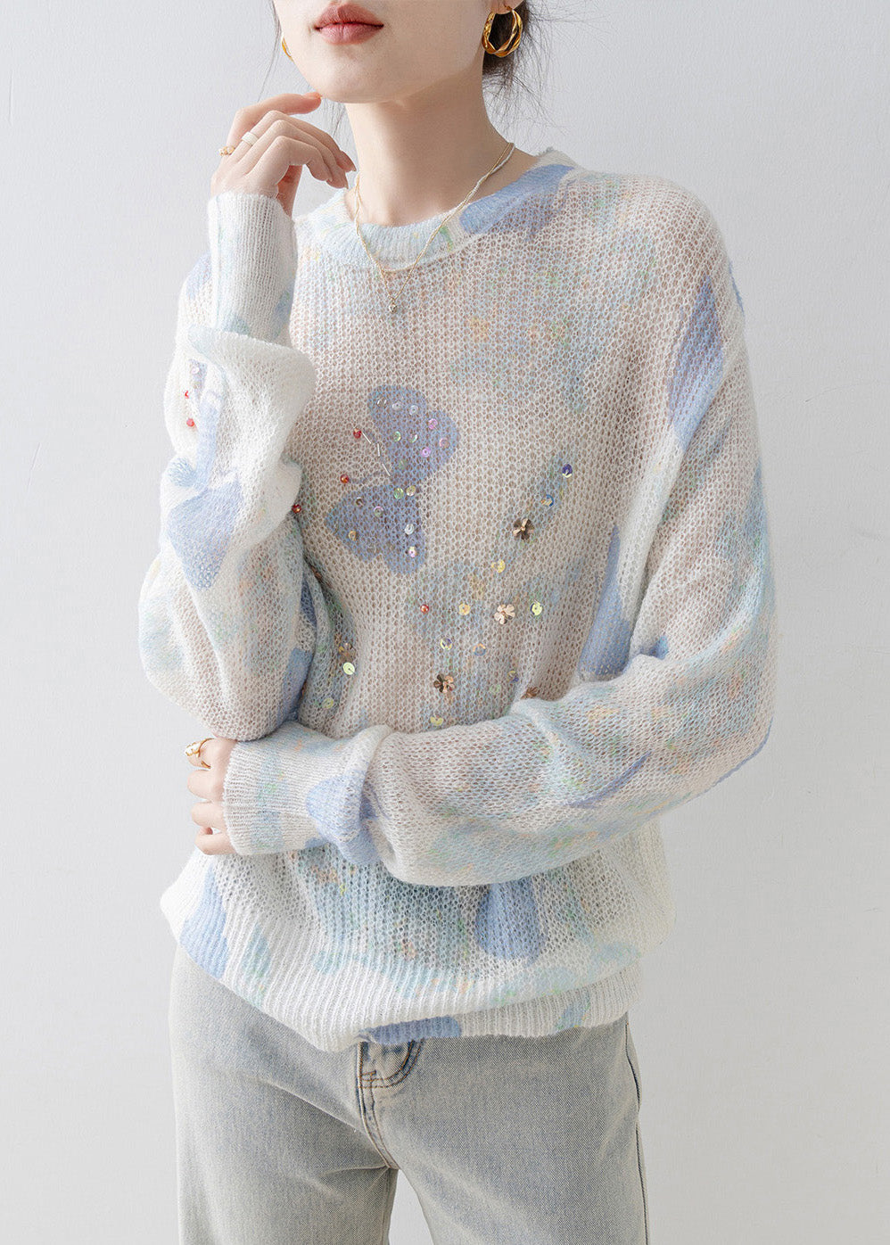 2025 New Stylish O Neck Sequins Knit Top Spring