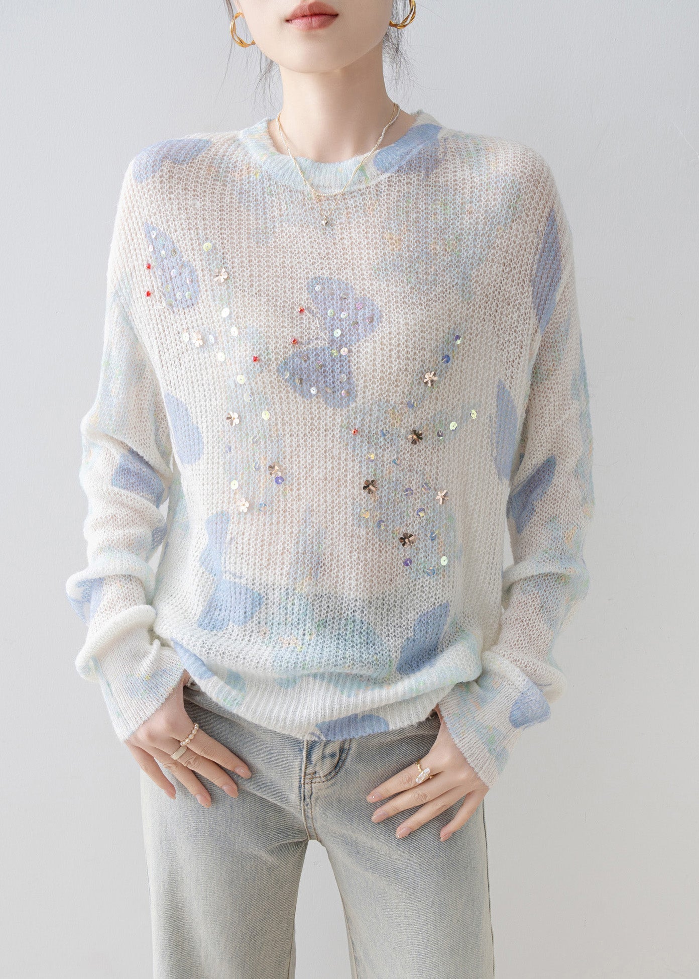 2025 New Stylish O Neck Sequins Knit Top Spring