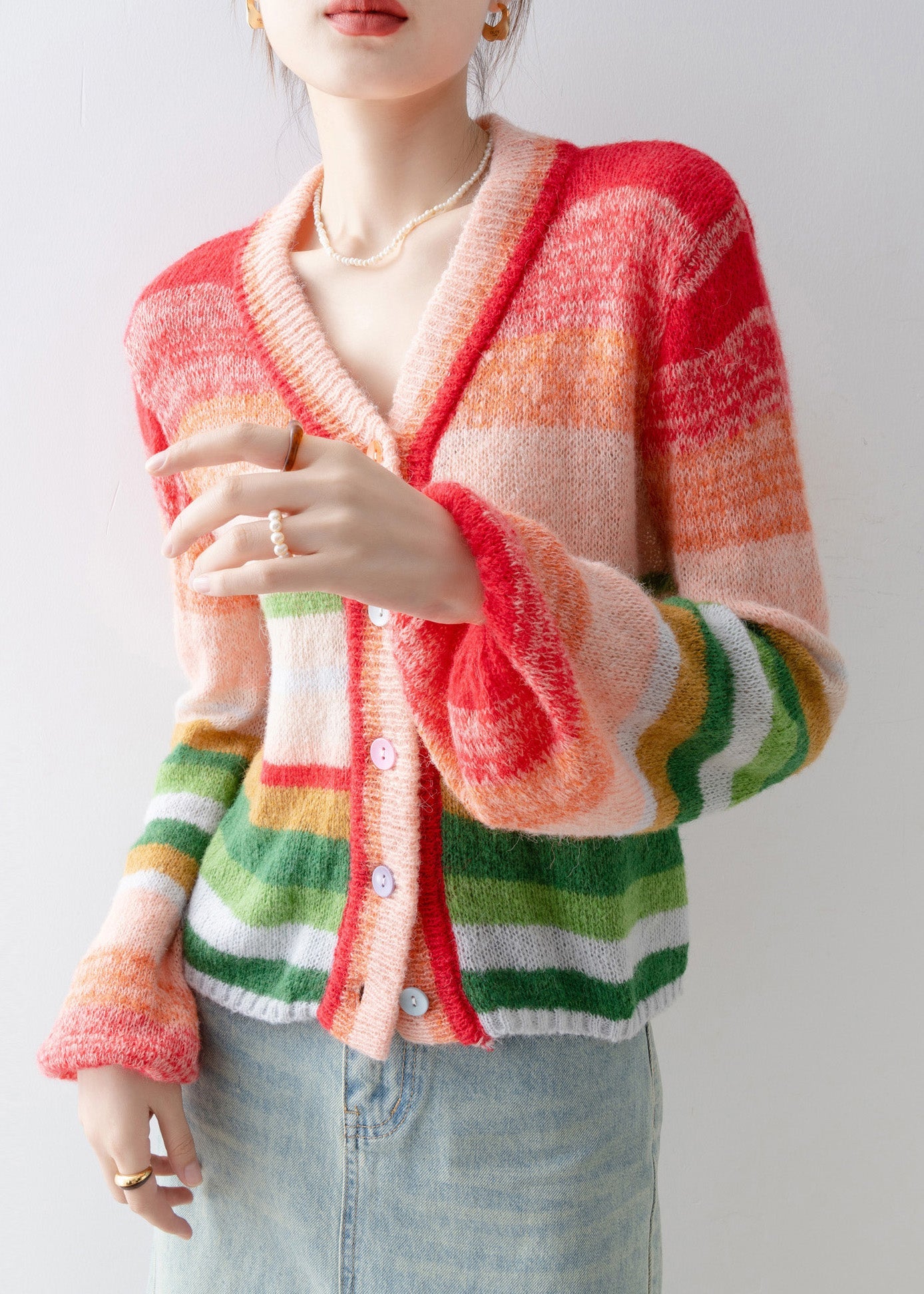 2025 New V Neck Striped Button Knit Cardigans Spring