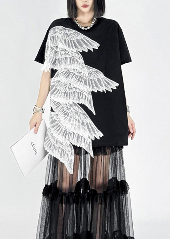 2025 Summer New Black Embroidered Wings T-Shirt Dress