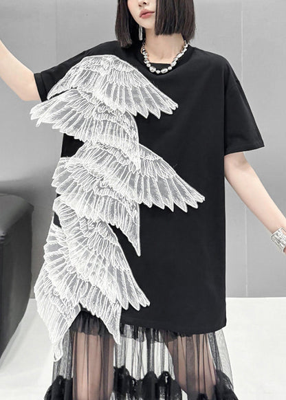 2025 Summer New Black Embroidered Wings T-Shirt Dress