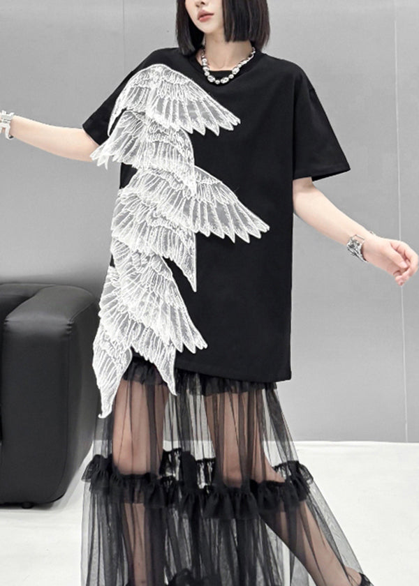 2025 Summer New Black Embroidered Wings T-Shirt Dress