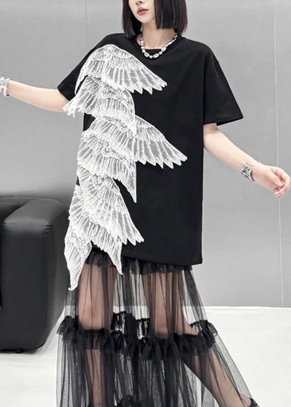 2025 Summer New Black Embroidered Wings T-Shirt Dress