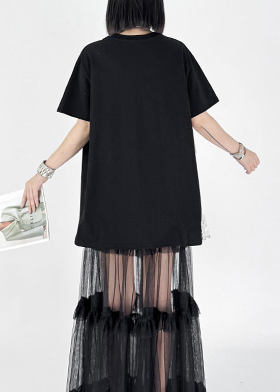 2025 Summer New Black Embroidered Wings T-Shirt Dress
