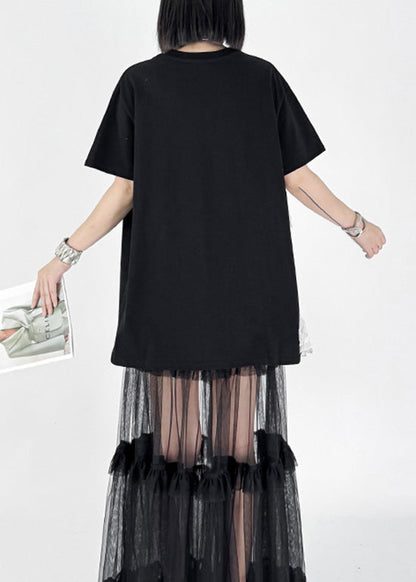 2025 Summer New Black Embroidered Wings T-Shirt Dress